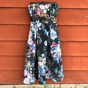 Calvin Klein strapless fit and flare floral dress. Perfect for a wedding.